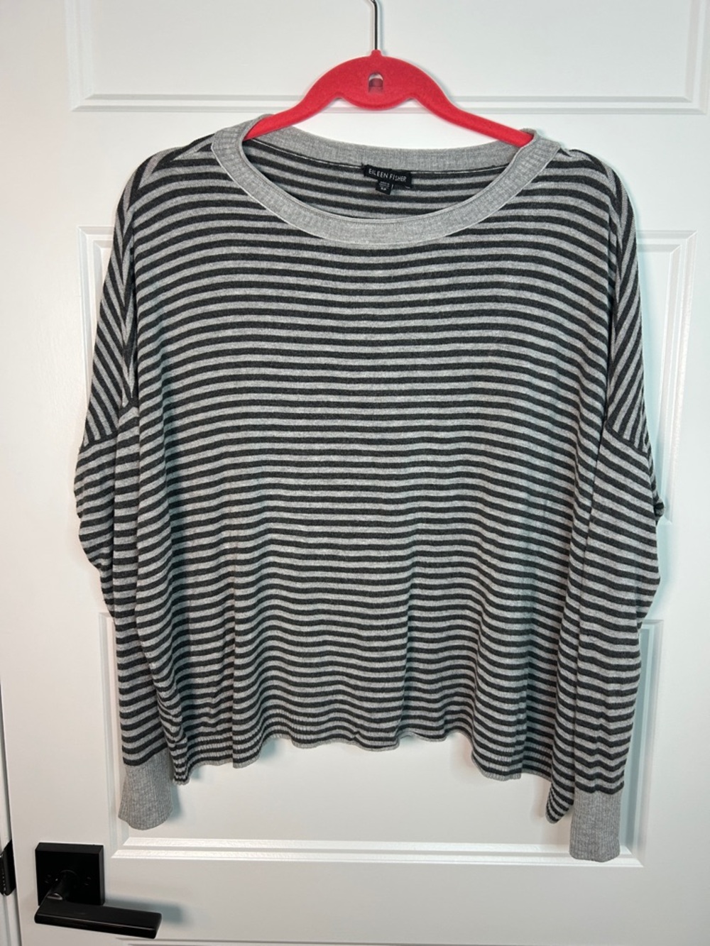 Eileen Fisher Black and Gray Striped Crewneck Top